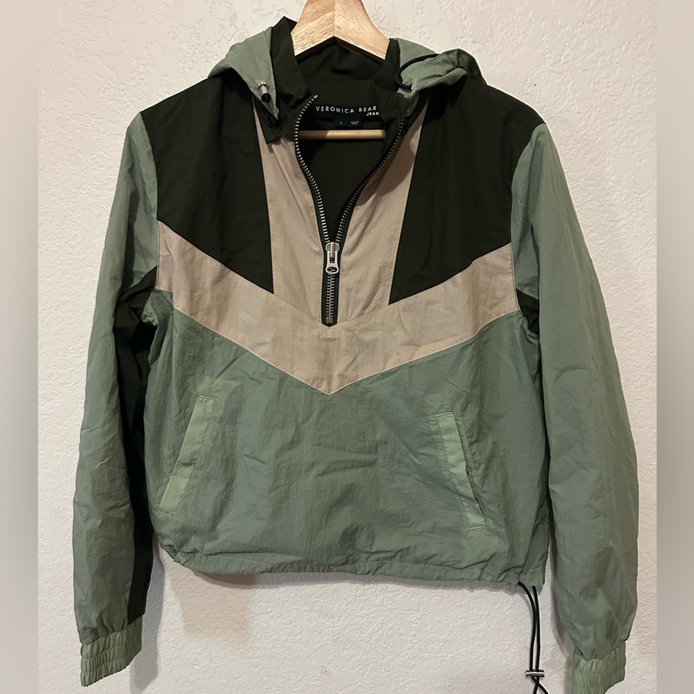Veronica Beard Avery Half Zip Hooded Green and Cream Utility Jacket - Size Small - Picture 3 of 12